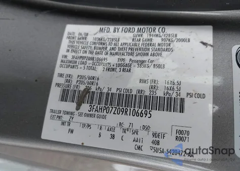 2009 Ford Fusion Se z USA, uszkodzony, nr VIN 3FAHP07Z09R106695